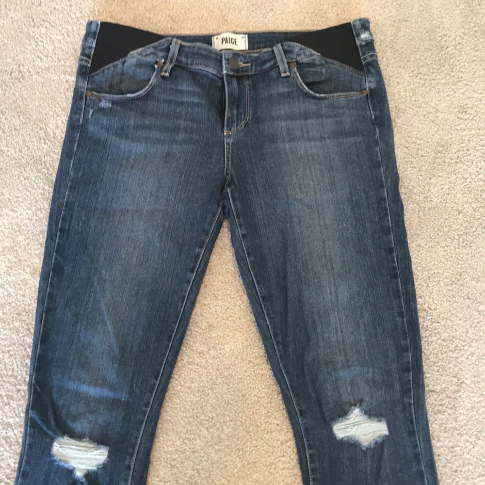 PAIGE Women's Skinny Jeans in Dark Blue Wash with Knee Distress